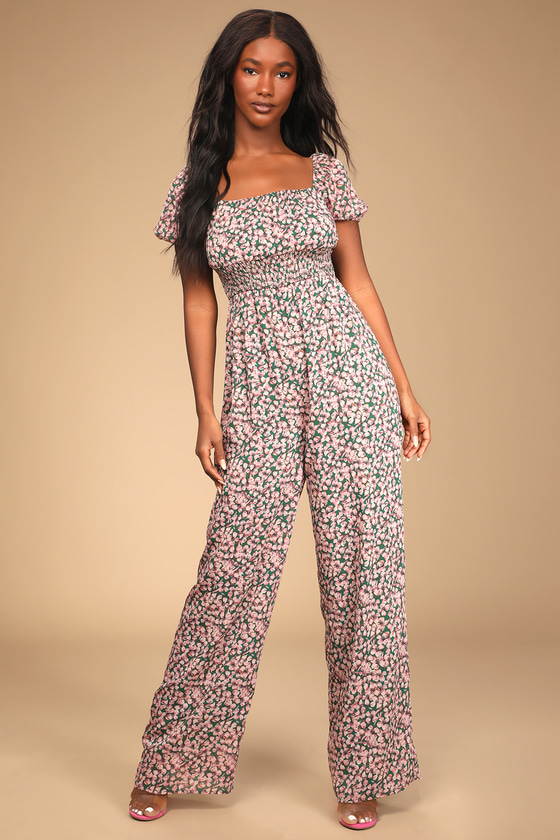 Pink Floral Jumpsuit - Puff Sleeve ...